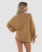 Back view of the camel cardigan highlighting the seam detailing and relaxed drop shoulder