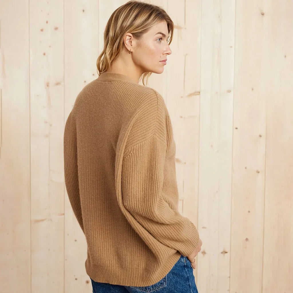 Back view of a camel ribbed cardigan showing the ribbed knit texture and dropped shoulder seams