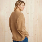 Back view of a camel ribbed cardigan showing the ribbed knit texture and dropped shoulder seams