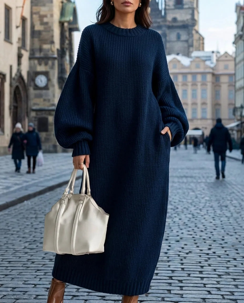 Model wearing a navy blue ribbed knit oversized maxi jumper dress with balloon sleeves near Old Town Square