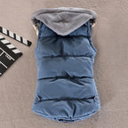 Back view of granite blue padded gilet showing quilted panelling and grey hood
