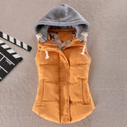 Mustard orange padded gilet with grey jersey hood, laid flat with zip and snap button front