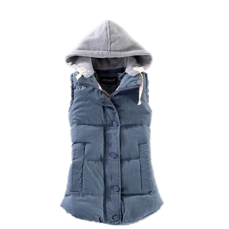 Granite blue padded gilet with grey hood shown on a flat lay, front facing