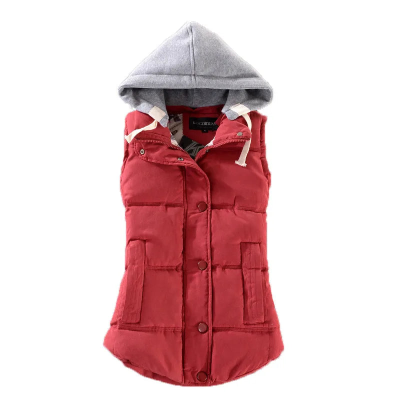 Red wine padded gilet with grey jersey hood and drawstrings, front view on plain background