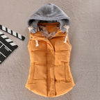 Mustard orange padded gilet with grey hood, laid flat showing front pockets and buttons
