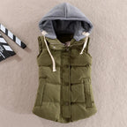 Olive green padded gilet with grey jersey hood, laid flat showing quilted front panels