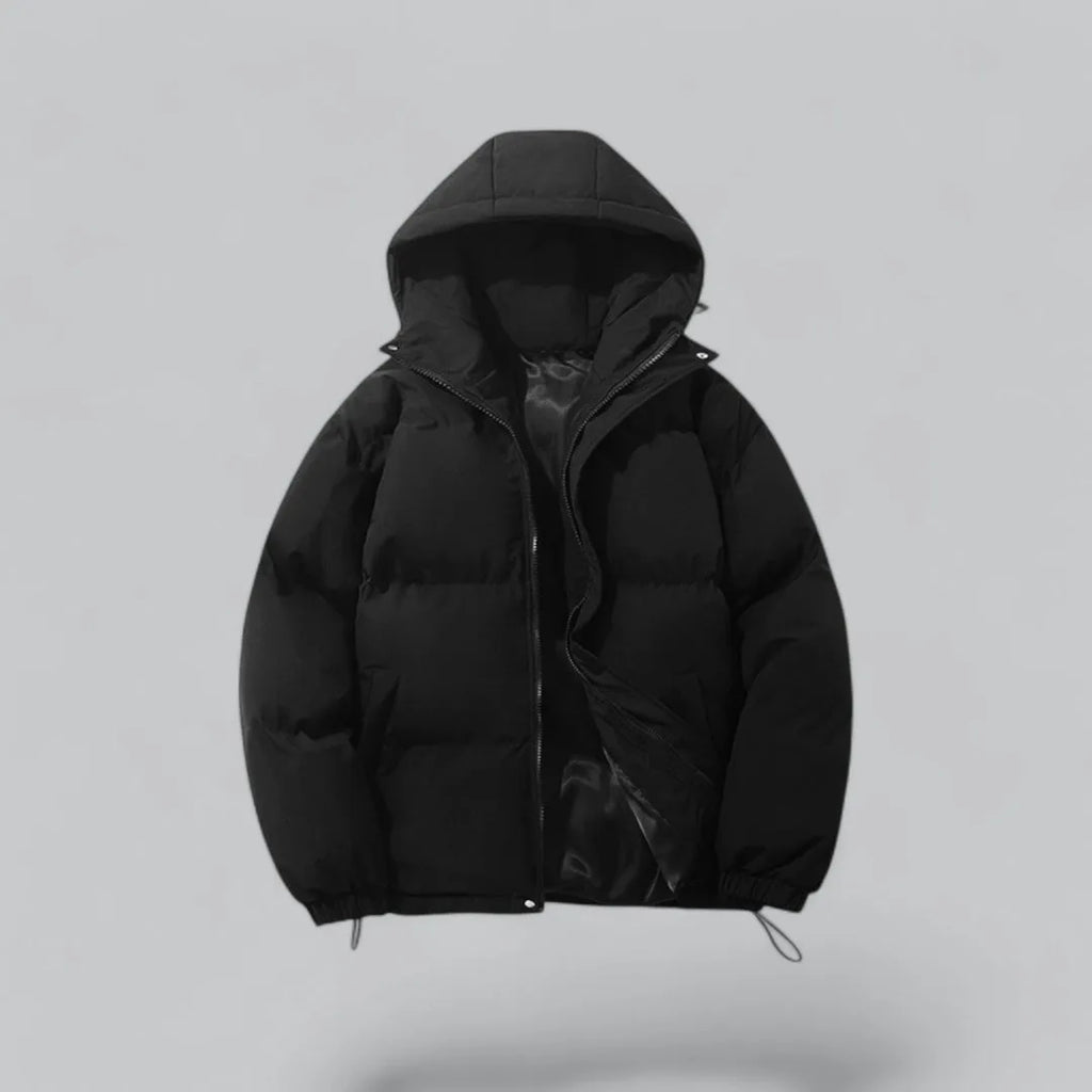 Black padded hooded jacket with zip front and satin lining shown partly unzipped, front view