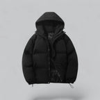Black padded hooded jacket with zip front and satin lining shown partly unzipped, front view