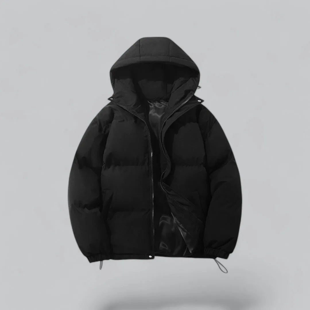 Black padded hooded jacket with zip front and satin lining shown partly unzipped, front view