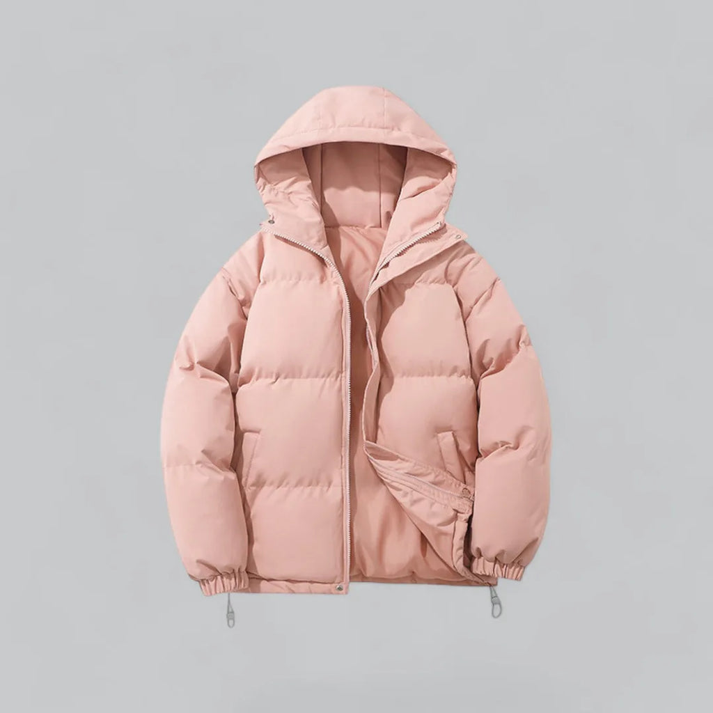 Padded hooded jacket displayed floating, showing the full relaxed silhouette and hood shape