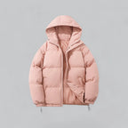 Padded hooded jacket displayed floating, showing the full relaxed silhouette and hood shape