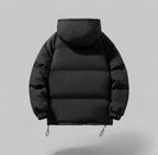 Back view of black quilted hooded jacket showing horizontal channel stitching and elasticated cuffs