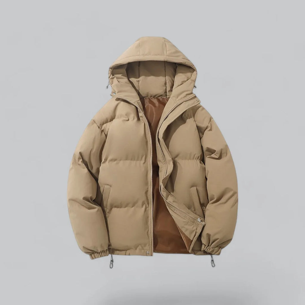 Beige padded hooded jacket unzipped at the front, revealing a warm brown-toned inner lining