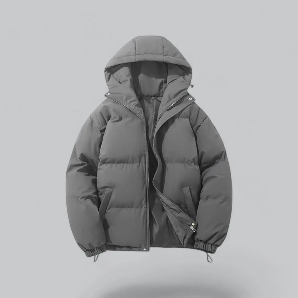Dark grey quilted hooded jacket with front zip fastening and drawstring hem toggles