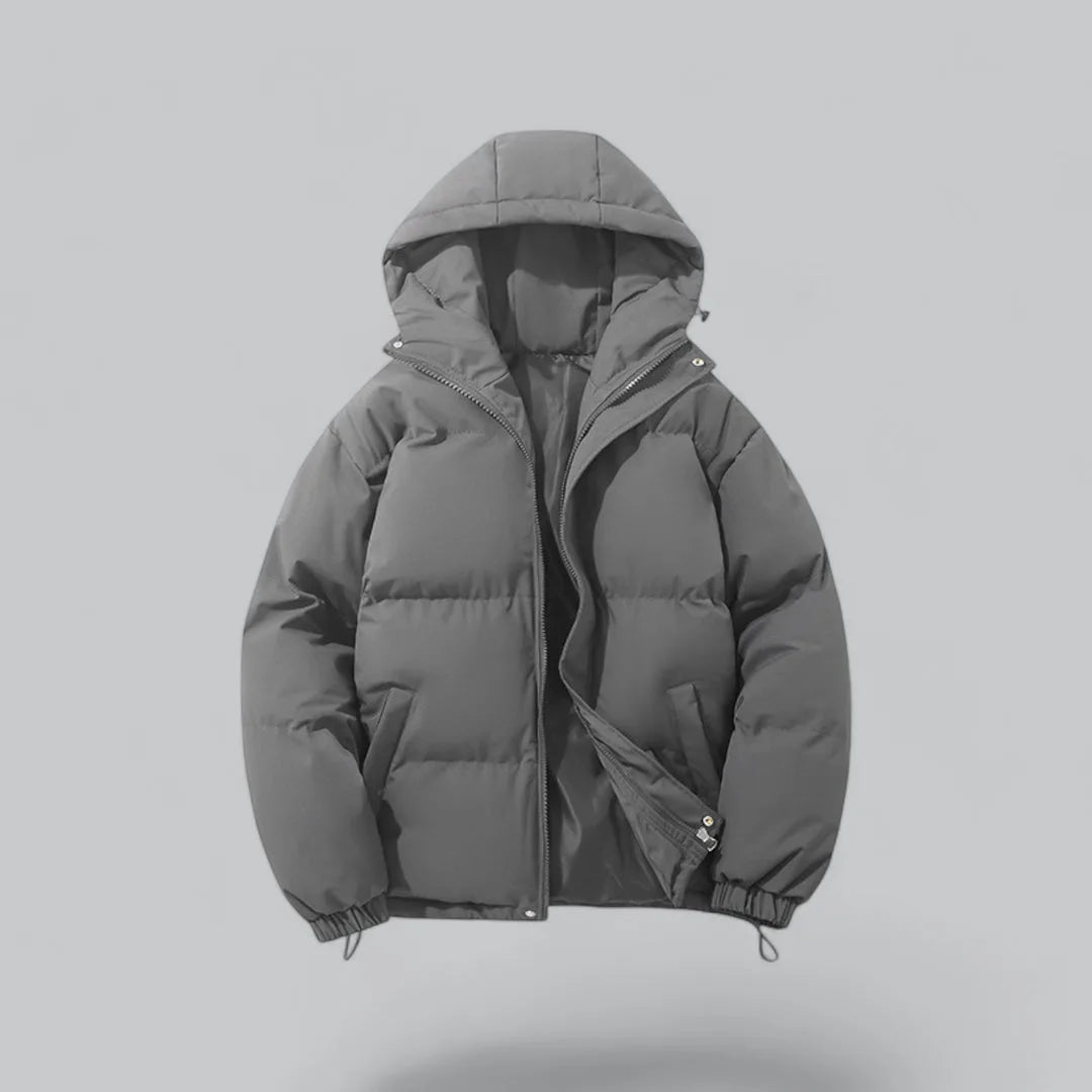 Dark grey quilted hooded jacket with front zip fastening and drawstring hem toggles