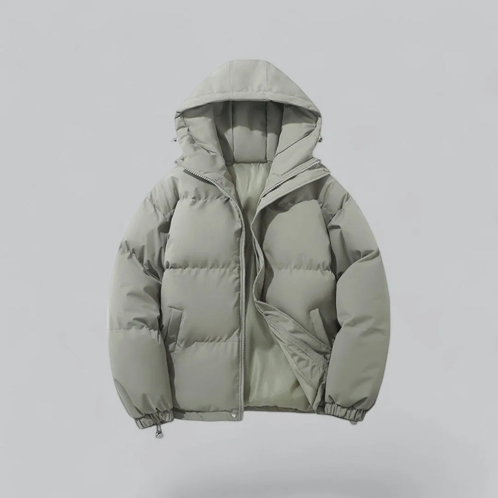 Sage green padded hooded jacket shown unzipped with matching tonal lining visible