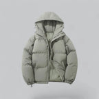 Sage green padded hooded jacket shown unzipped with matching tonal lining visible
