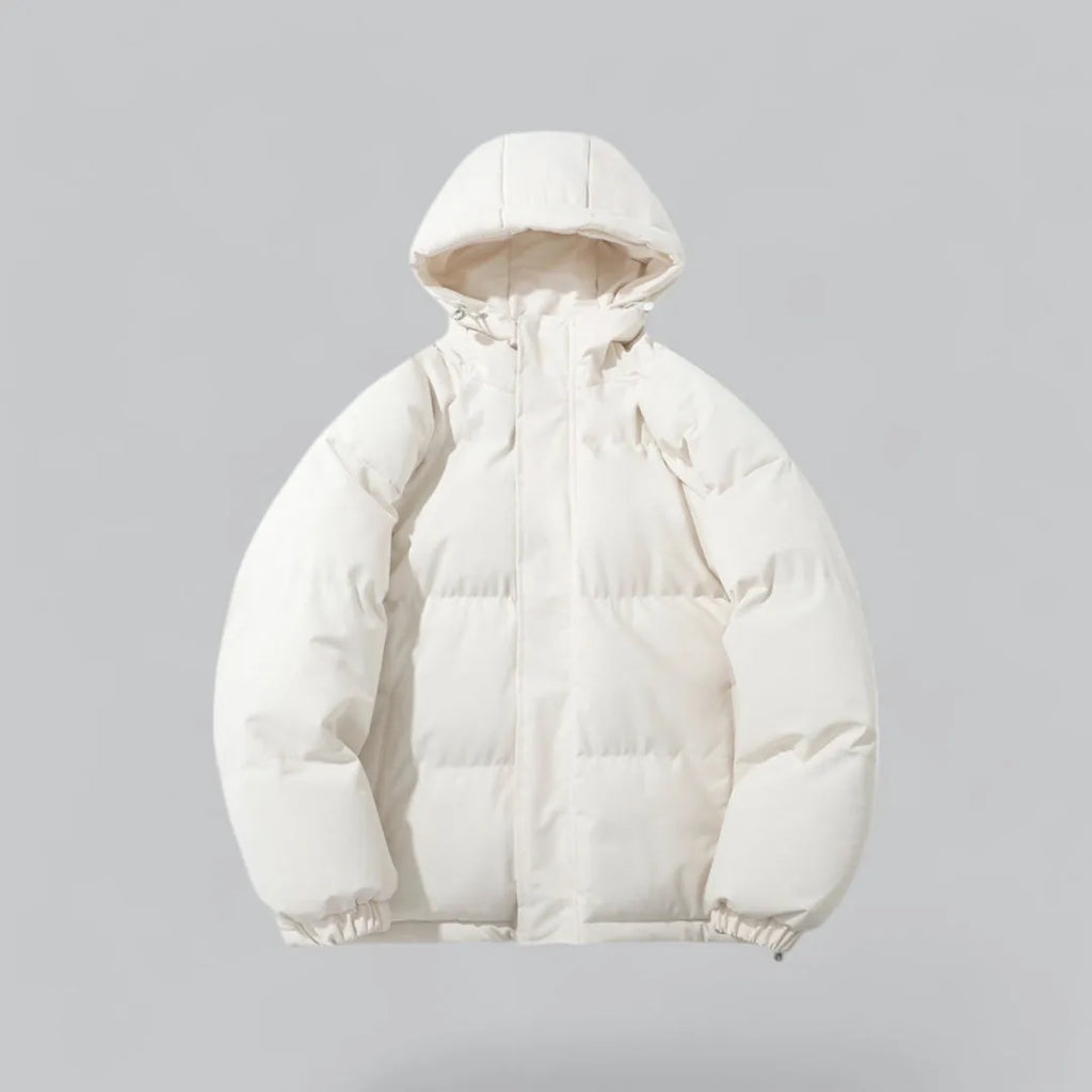 Cream white padded hooded jacket zipped up, showing the full rounded puffer silhouette