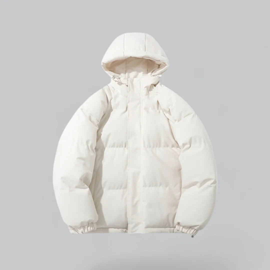 Cream white padded hooded jacket zipped up, showing the full rounded puffer silhouette