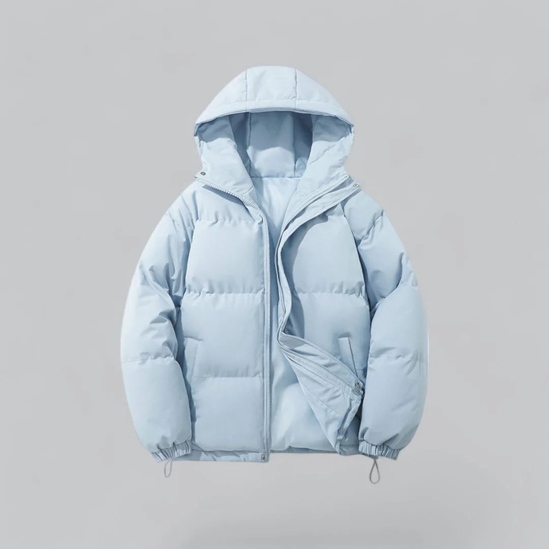 Pale blue padded hooded jacket with front zip open and elasticated drawstring cuffs