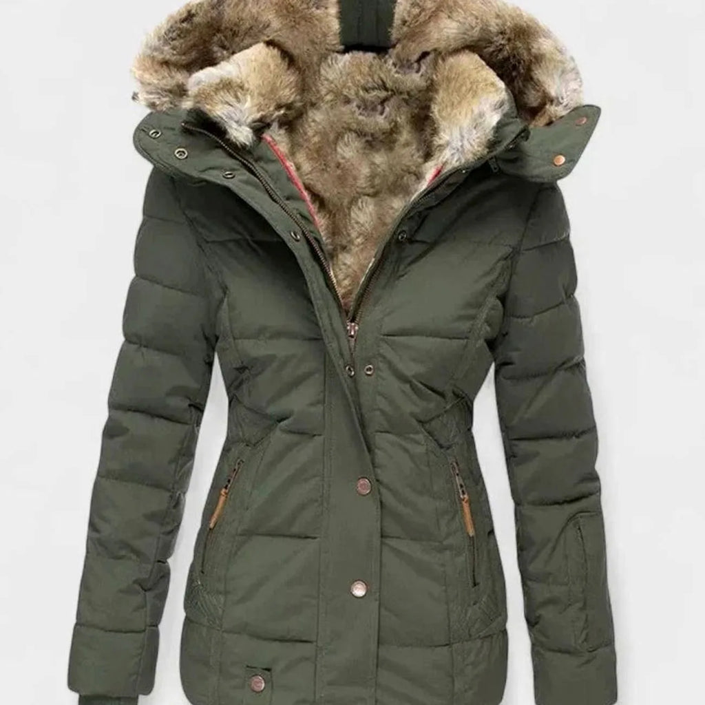 Olive green padded winter jacket with detachable faux fur-lined hood and brass snap buttons, front view