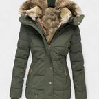 Olive green padded winter jacket with detachable faux fur-lined hood and brass snap buttons, front view