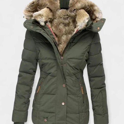Olive green padded winter jacket with detachable faux fur-lined hood and brass snap buttons, front view