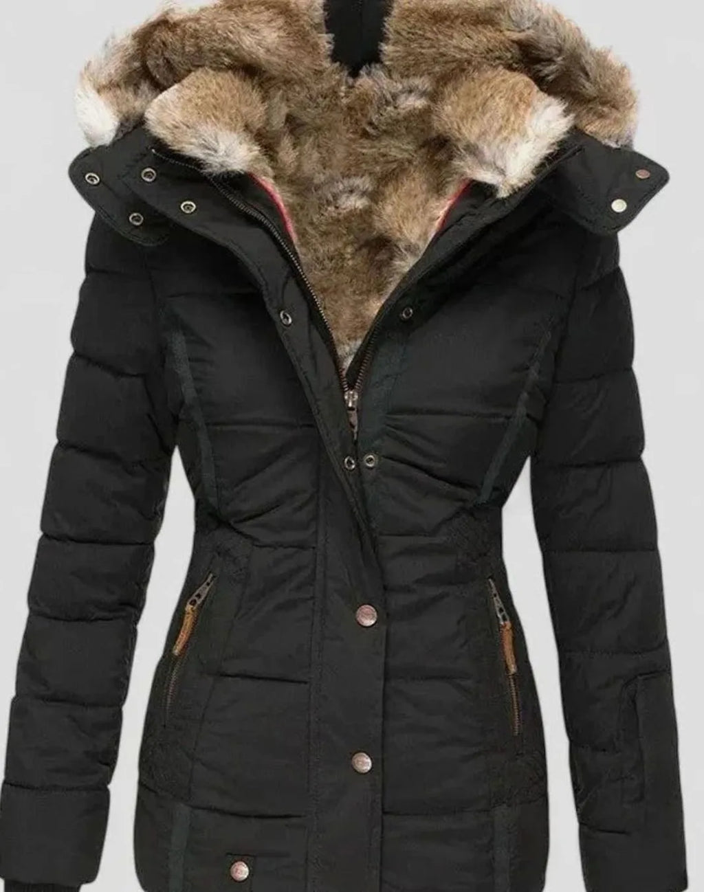Black quilted winter coat with fluffy faux fur hood lining and zippered side pockets, close-up front view