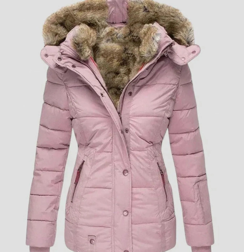 Dusty pink fitted puffer jacket with tan faux fur trimmed hood, zip and popper fastenings shown