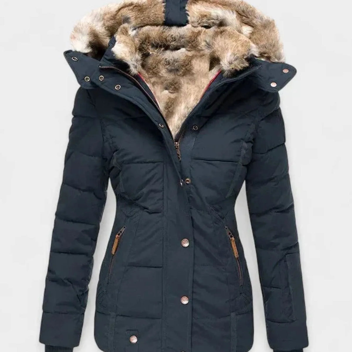 Navy blue quilted winter jacket with brown faux fur hood lining and ribbed cuffs, front detail view