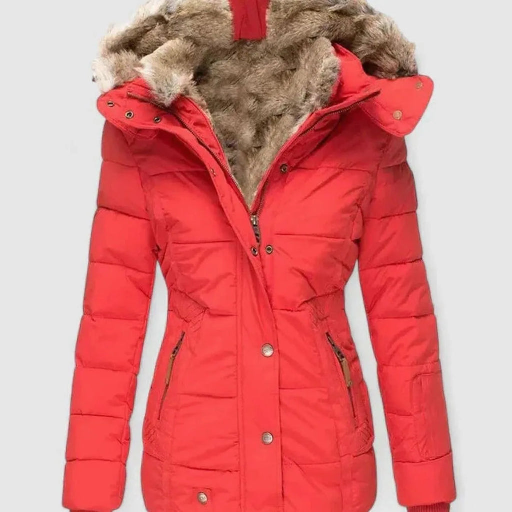Red padded winter coat with faux fur-lined hood and tan zip pulls on side pockets, front view
