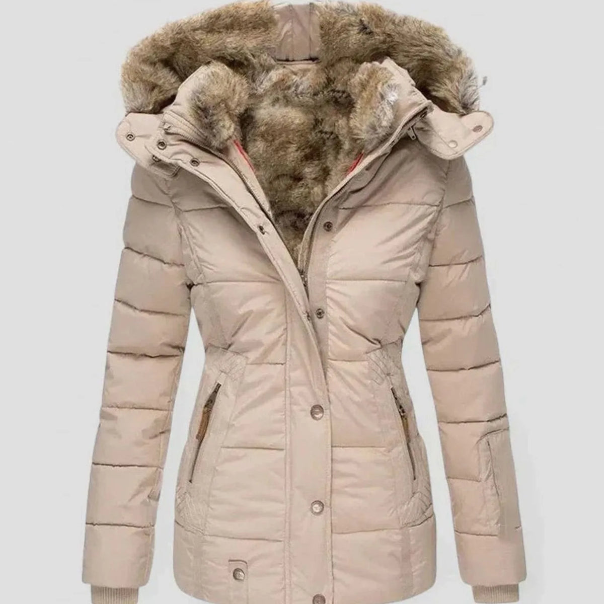 Beige quilted winter jacket with faux fur hood lining and pink inner trim peeking through zip