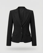 Front view of a fitted black peplum blazer with notch lapel and two-button closure on a plain background