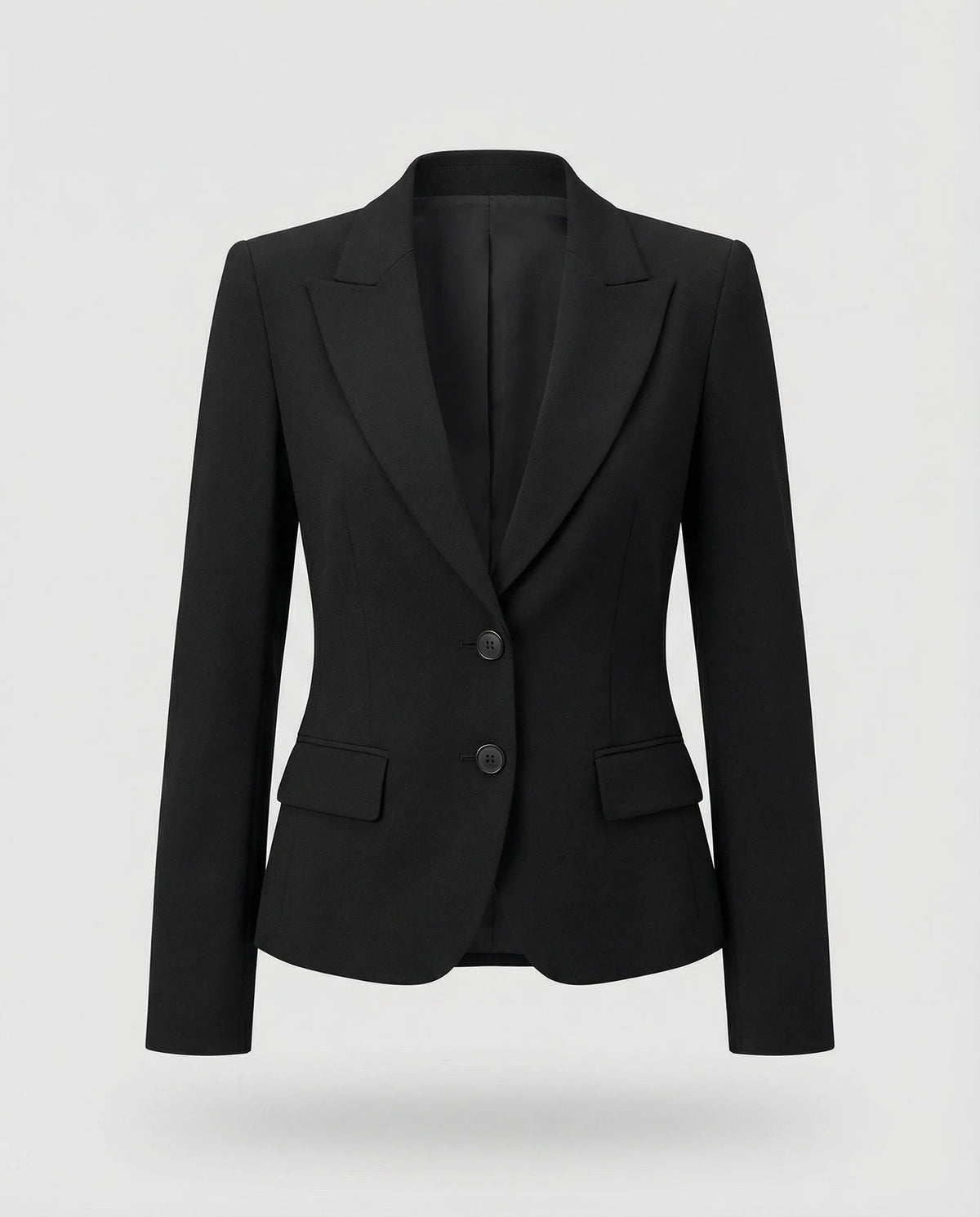 Front view of a fitted black peplum blazer with notch lapel and two-button closure on a plain background