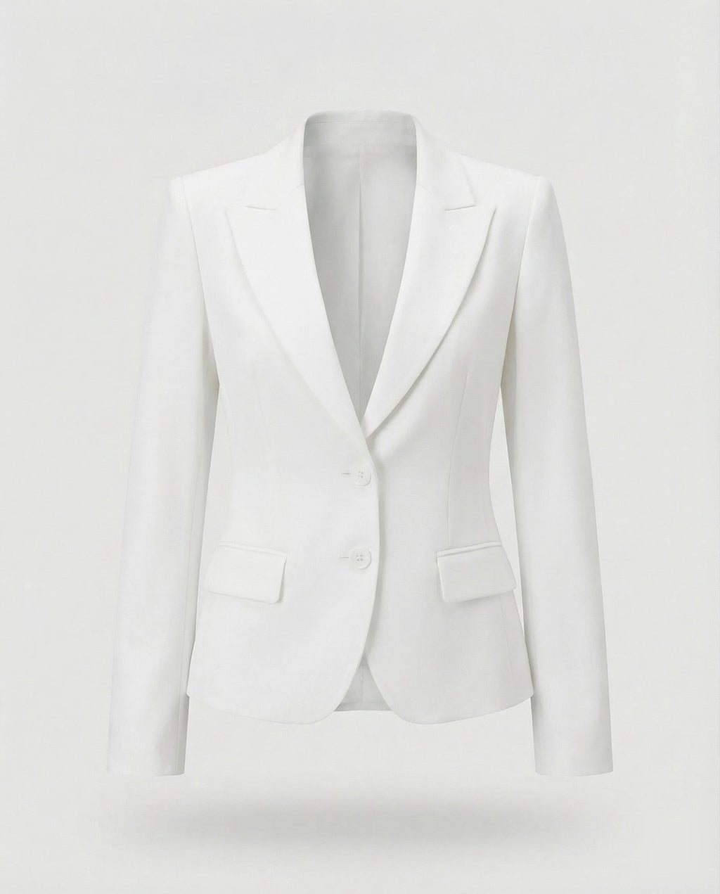 Front view of a tailored white peplum blazer with structured shoulders and flap pockets