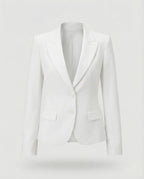 Front view of a tailored white peplum blazer with structured shoulders and flap pockets