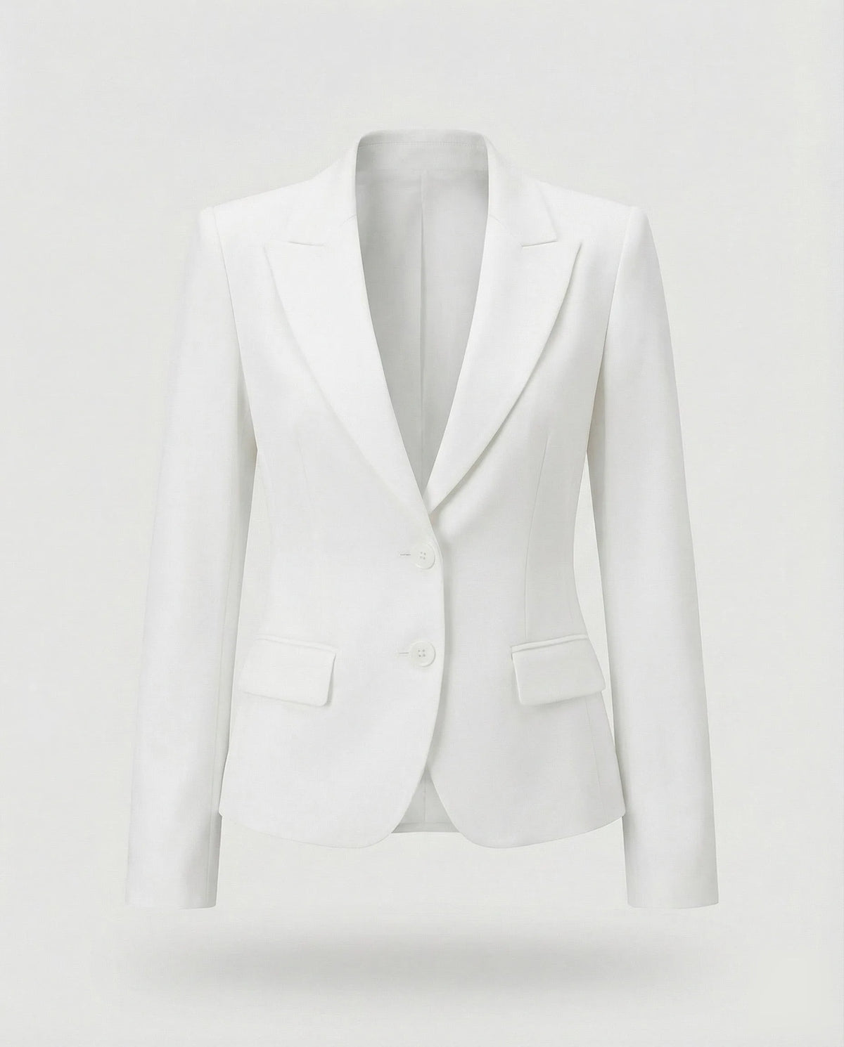 Front view of a tailored white peplum blazer with structured shoulders and flap pockets
