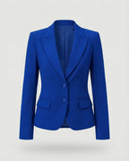 Front view of a cobalt blue peplum blazer with notch lapel, two buttons and side flap pockets