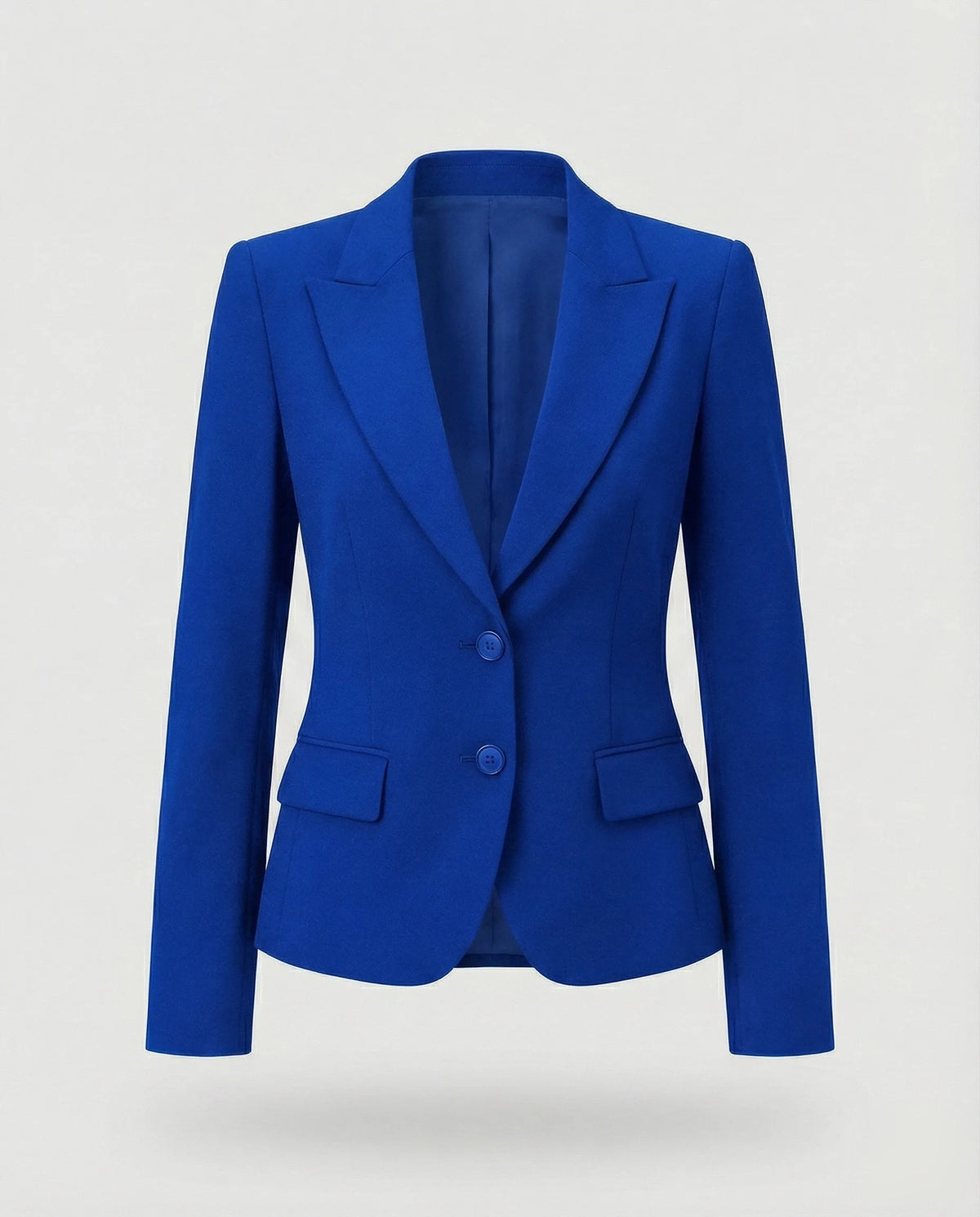 Front view of a cobalt blue peplum blazer with notch lapel, two buttons and side flap pockets