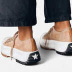 Back view of tan suede platform trainers showing white star detail on the black heel tab and ridged rubber outsole