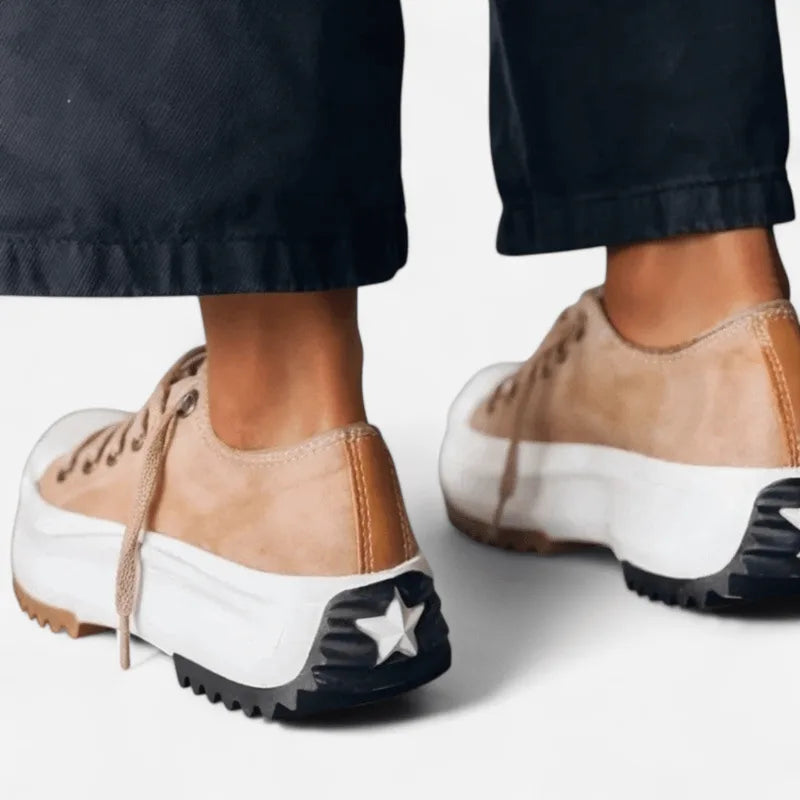 Back view of tan suede platform trainers showing white star detail on the black heel tab and ridged rubber outsole