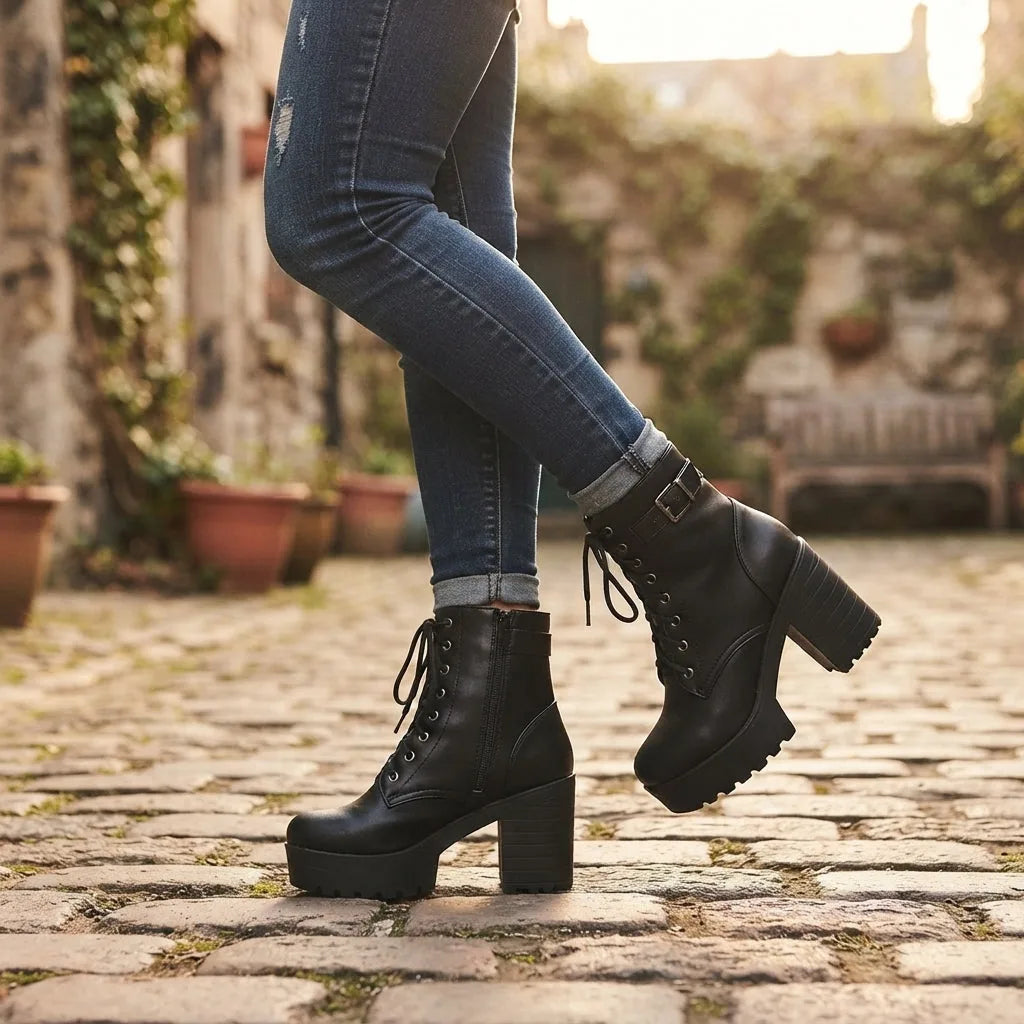 Model walking on a cobbled street wearing black lace-up platform ankle boots with cuffed jeans