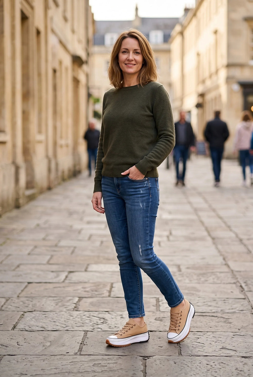Woman styling sandstone beige platform trainers with skinny jeans and an olive jumper while walking outdoors