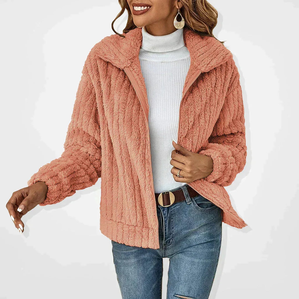 Pink plush textured zip-up cardigan jacket shown open, highlighting the soft fuzzy fabric and collar