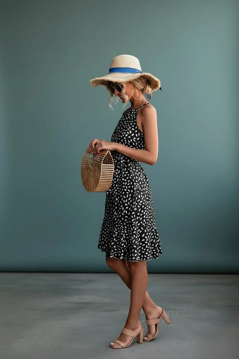 Side profile of the black and white polka dot dress showing the ruffled hem and fitted waist tie