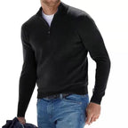 Side view of a charcoal black quarter-zip jumper showing the ribbed cuffs and high funnel collar with zip pull.