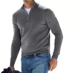 Side profile of a grey marl quarter-zip jumper showing the fitted silhouette and raised funnel neck collar.