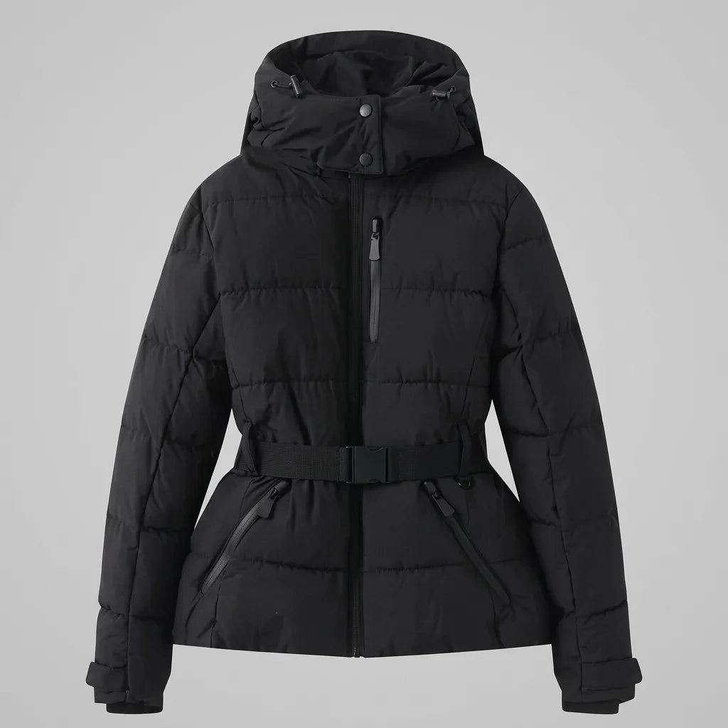 Front view of black quilted puffer jacket with belted waist, high stand-up collar and adjustable hood
