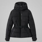 Front view of black quilted puffer jacket with belted waist, high stand-up collar and adjustable hood