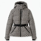 Front view of black and cream diamond-print puffer jacket with belted waist and zip chest pocket